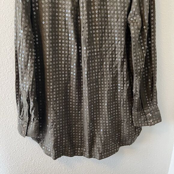 Maeve Anthropologie Blouse Size Med Sequined Olive Green Buttoned Shirt Chic - Picture 9 of 14